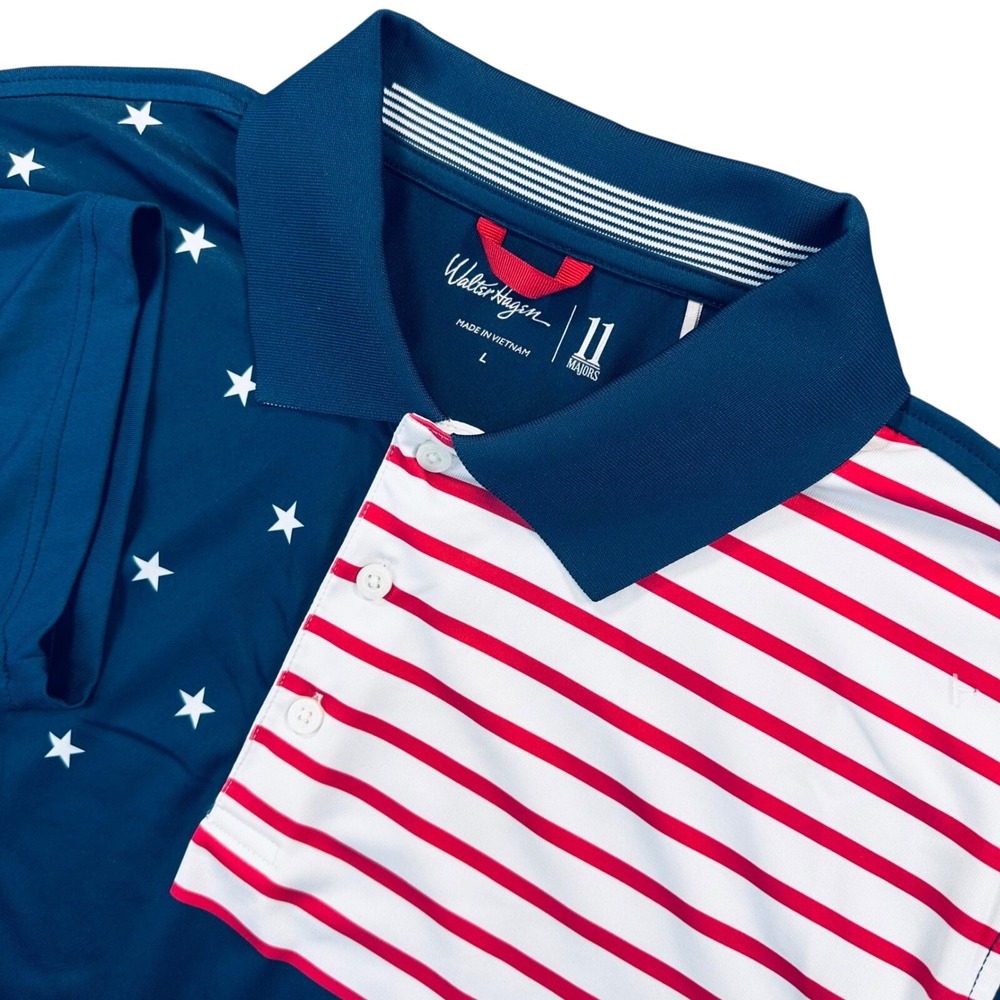 Walter Hagen Men's L Navy 11 Majors Patriotic Stars and Stripes Golf Polo Shirt